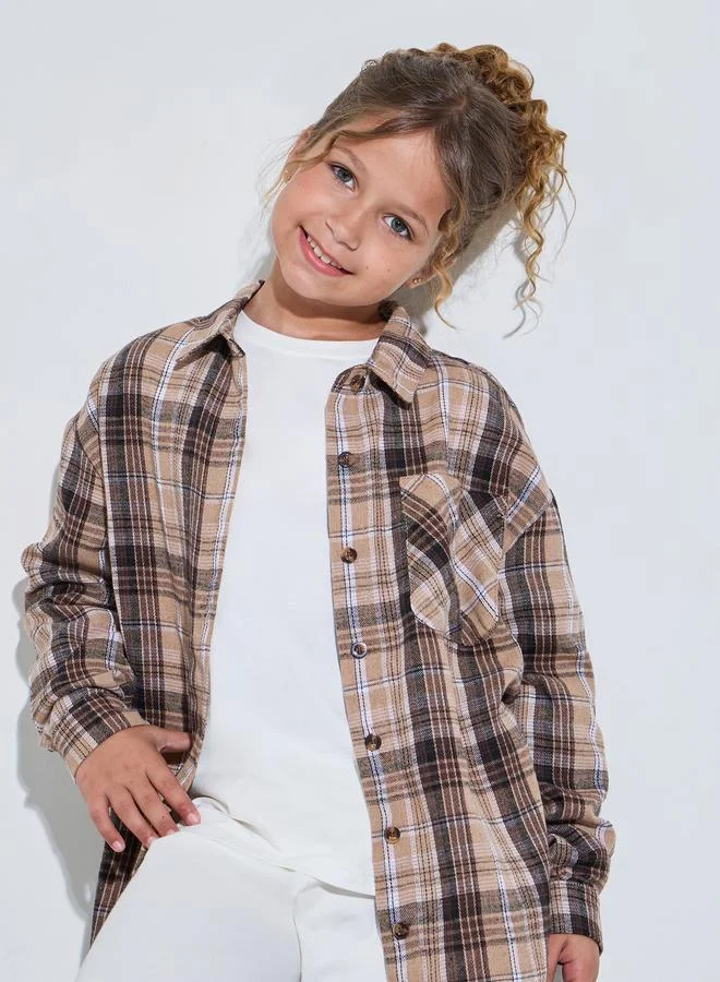 Styli Teen Girls Brown Checked Pocket Detail Oversized Shirt