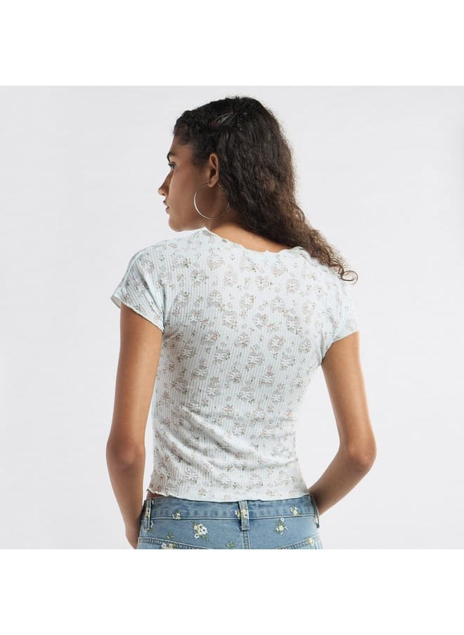 FAV All-Over Floral Detail Crew Neck T-shirt with Short Sleeves  - Image 3