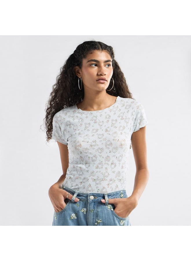 FAV All-Over Floral Detail Crew Neck T-shirt with Short Sleeves  - Image 1