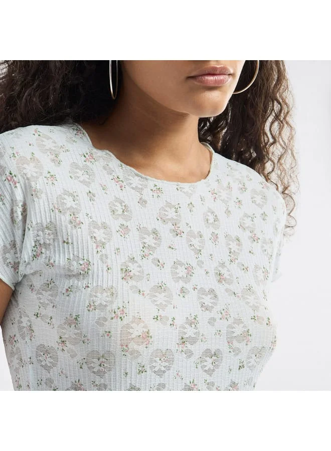 Splash FAV All-Over Floral Detail Crew Neck T-shirt with Short Sleeves