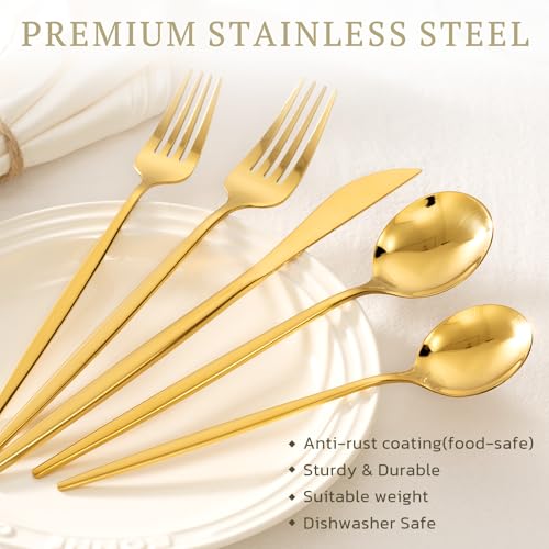Astercook Silverware Set 48-Piece Gold Flatware Set with Steak Knives Food-Grade Stainless Steel Cutlery Set for 8 Mirror Polished Utensils Set for Home Kitchen Restaurant Mothers Day Gifts for Women - Image 5