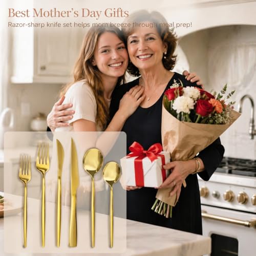 Astercook Silverware Set 48-Piece Gold Flatware Set with Steak Knives Food-Grade Stainless Steel Cutlery Set for 8 Mirror Polished Utensils Set for Home Kitchen Restaurant Mothers Day Gifts for Women - Image 2
