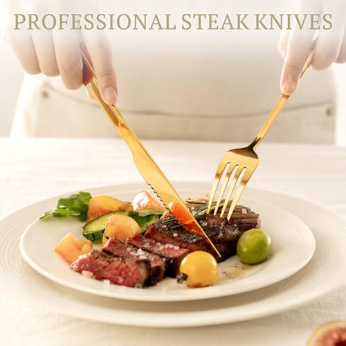 Astercook Silverware Set 48-Piece Gold Flatware Set with Steak Knives Food-Grade Stainless Steel Cutlery Set for 8 Mirror Polished Utensils Set for Home Kitchen Restaurant Mothers Day Gifts for Women - Image 4