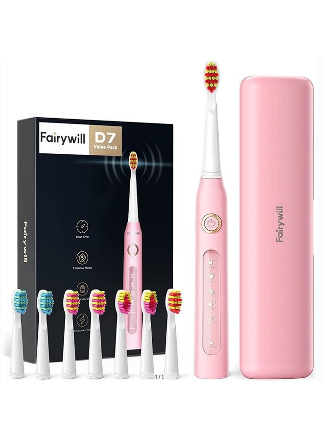 Fairywill Electric Toothbrush for Adults , 5 Modes Powerful Cleaning Whitening 40,000 VPM Sonic Toothbrush , Rechargeable 4 Hours for 30 Days Usage , 2 Minutes Timer Waterproof IPX7 Pink - Image 1