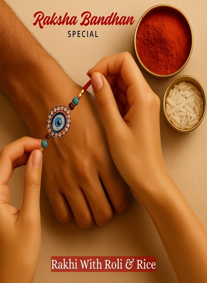 Sage Square Evil Eye Rakhi for Brother, Bhai with Roli Chawal | Raksha Bandhan | Designer Beads, Stones, Decorative Work | Stylish Handcrafted Rakhi Gifting for Sibling Festival Celebration (Type 5) - Image 3