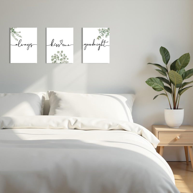 1 KINGO Always Kiss Me Goodnight Bedroom Wall Art: Set of 3 Boho Botanical Wall Decor Canvas Prints 12"x16", Sage Green Eucalyptus Pictures Decor Over The Bed for Farmhouse Master Bedroom - Image 4