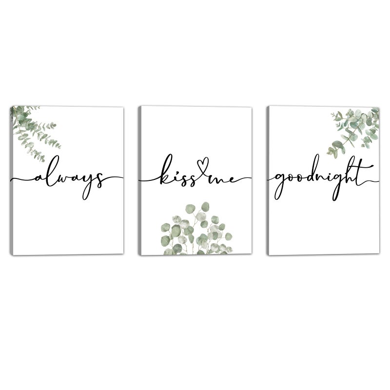 1 KINGO Always Kiss Me Goodnight Bedroom Wall Art: Set of 3 Boho Botanical Wall Decor Canvas Prints 12"x16", Sage Green Eucalyptus Pictures Decor Over The Bed for Farmhouse Master Bedroom - Image 1