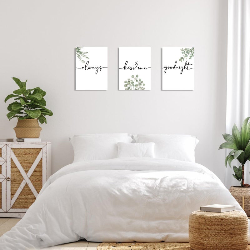 1 KINGO Always Kiss Me Goodnight Bedroom Wall Art: Set of 3 Boho Botanical Wall Decor Canvas Prints 12"x16", Sage Green Eucalyptus Pictures Decor Over The Bed for Farmhouse Master Bedroom - Image 5