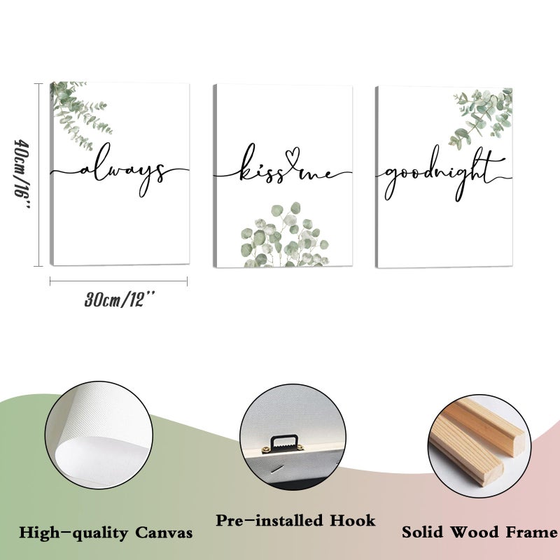 1 KINGO Always Kiss Me Goodnight Bedroom Wall Art: Set of 3 Boho Botanical Wall Decor Canvas Prints 12"x16", Sage Green Eucalyptus Pictures Decor Over The Bed for Farmhouse Master Bedroom - Image 3