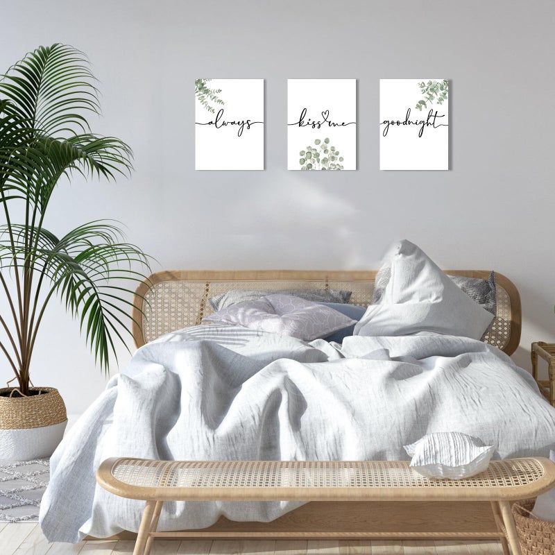 1 KINGO Always Kiss Me Goodnight Bedroom Wall Art: Set of 3 Boho Botanical Wall Decor Canvas Prints 12"x16", Sage Green Eucalyptus Pictures Decor Over The Bed for Farmhouse Master Bedroom - Image 2