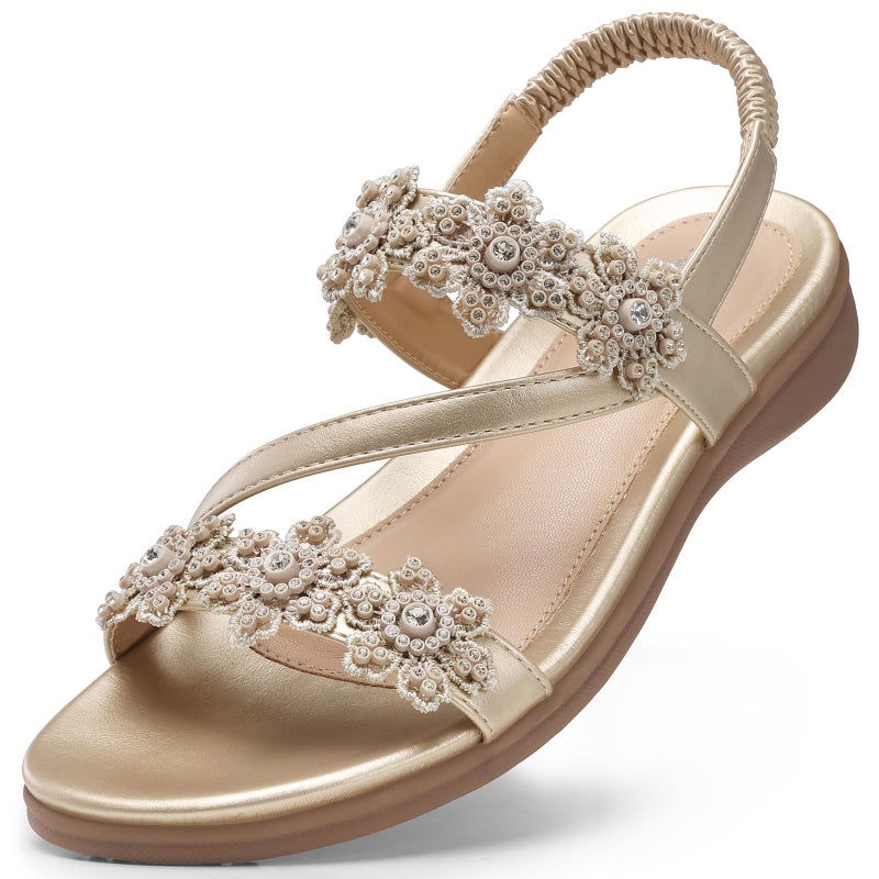 TEMOFON Sandals for Women Flat Dressy Summer Open Toe Sandals Woman Comfortable Walking Casual Beach Shoes Champagne Size 8 - Image 1