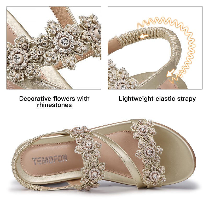 TEMOFON Sandals for Women Flat Dressy Summer Open Toe Sandals Woman Comfortable Walking Casual Beach Shoes Champagne Size 8 - Image 4