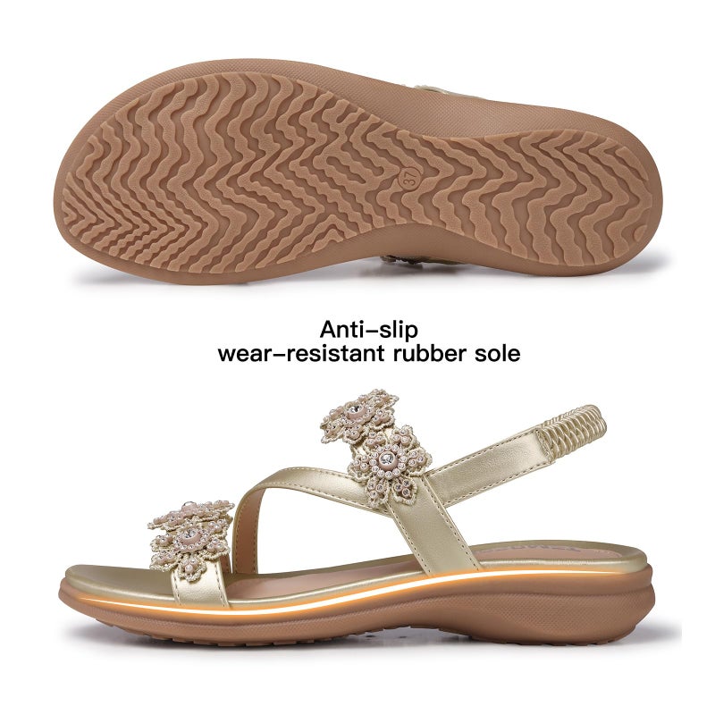 TEMOFON Sandals for Women Flat Dressy Summer Open Toe Sandals Woman Comfortable Walking Casual Beach Shoes Champagne Size 8 - Image 5
