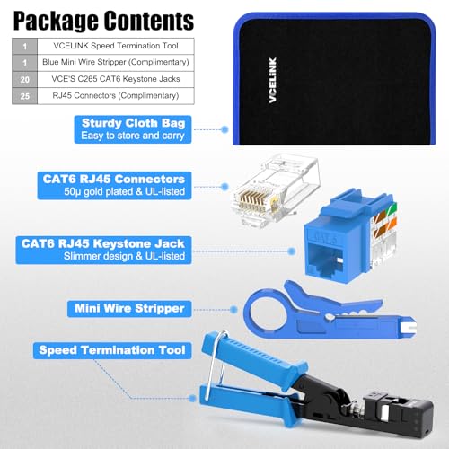 VCELINK Speed Termination Tool for VCE 90-Degree Keystone Jacks Punch Down Network Tool Kit with 20-Pack CAT6 Keystone Jacks UL-Listed Blue, 25-Pack RJ45 Connectors, 1-Pack Mini Wire Stripper - Image 3