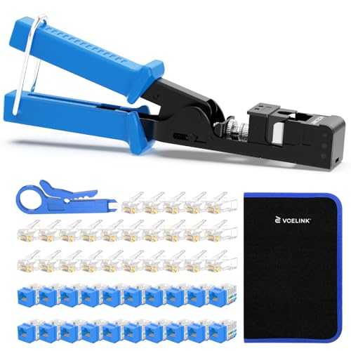 VCELINK Speed Termination Tool for VCE 90-Degree Keystone Jacks Punch Down Network Tool Kit with 20-Pack CAT6 Keystone Jacks UL-Listed Blue, 25-Pack RJ45 Connectors, 1-Pack Mini Wire Stripper - Image 1
