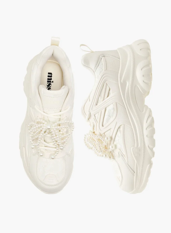 ميسي Women's Pearl Embellished Sneakers with Chunky Heels and Lace-Up Closure