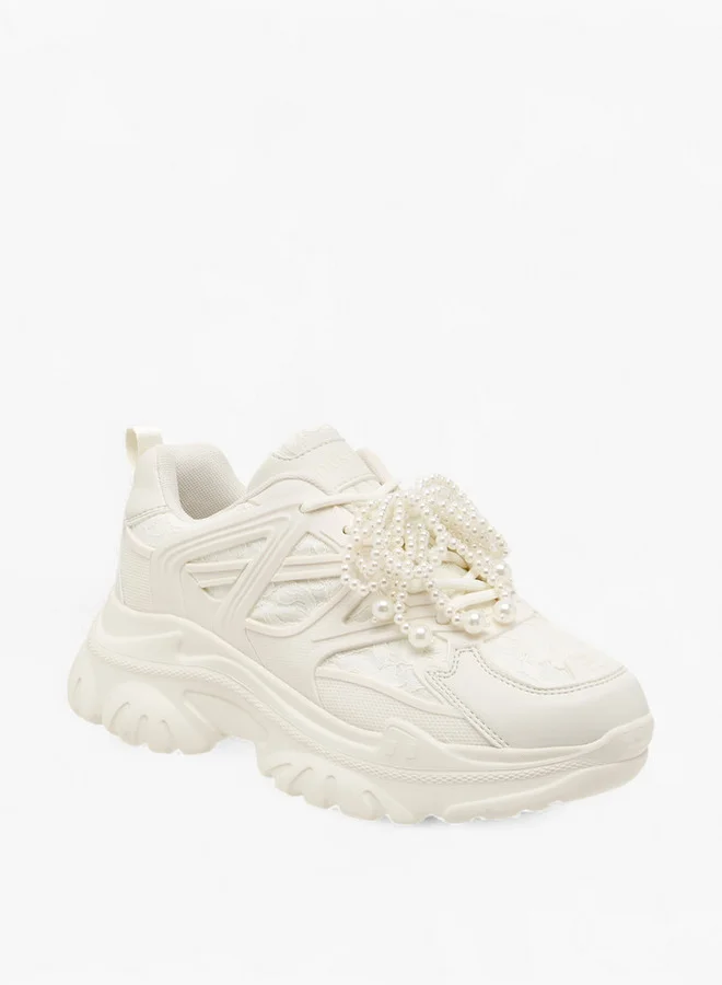 ميسي Women's Pearl Embellished Sneakers with Chunky Heels and Lace-Up Closure