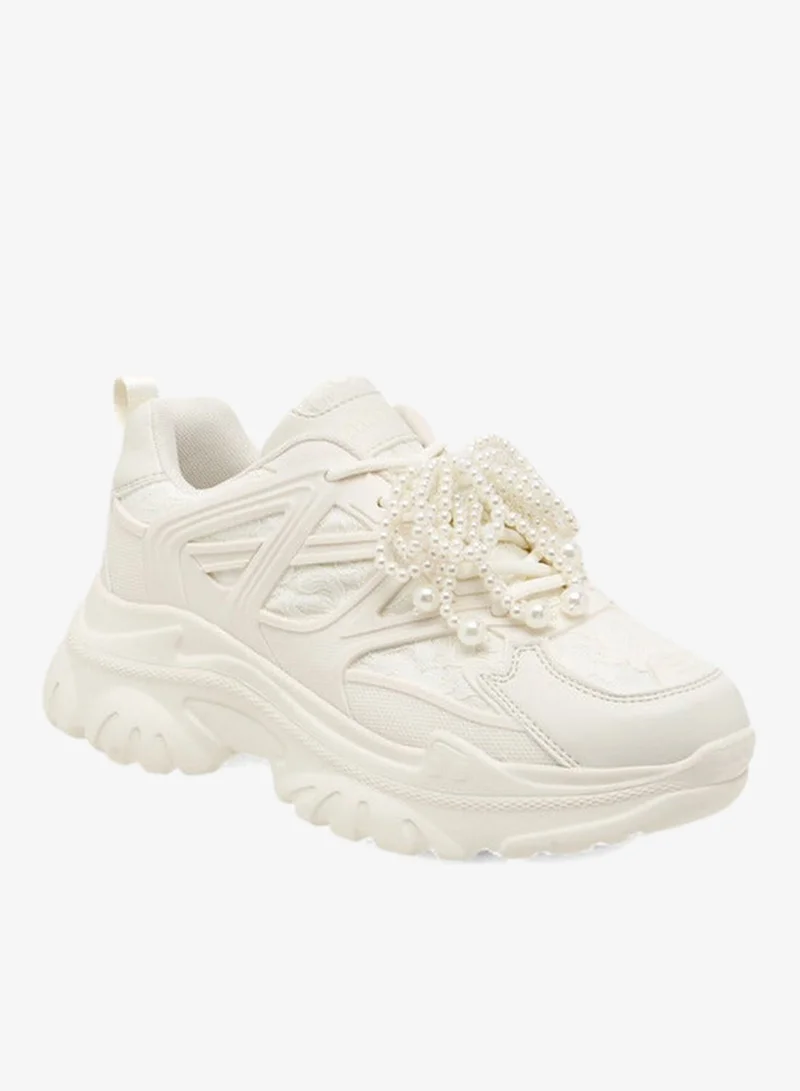 MISSY Women's Pearl Embellished Sneakers with Chunky Heels and Lace-Up Closure