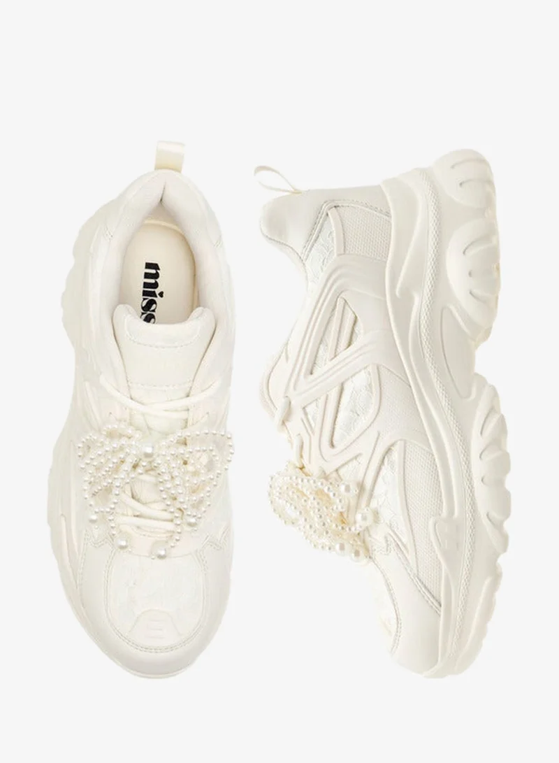 MISSY Women's Pearl Embellished Sneakers with Chunky Heels and Lace-Up Closure
