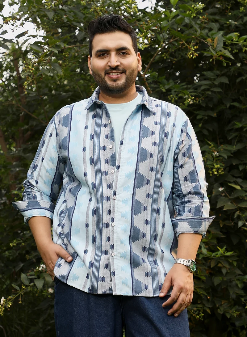 Instafab Plus Instafab Plus Men's Steel Blue Geometric-Alaska Jacquard Shirt | Spread Collar , Long Cuffed Sleeves , Button Closure , Curved Hemline | Geometric Jacquard Cotton Material For Street & Casual Wear