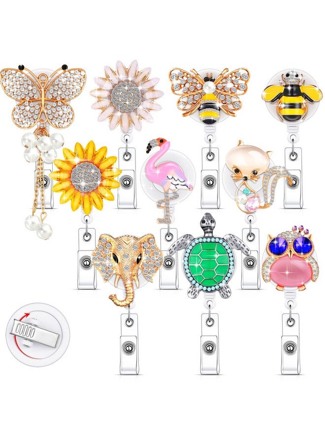 تيلينغ 10 قطع حامل شارة رضاعة قابل للسحب مع مشبك من حجر الراين على شكل فراشة عباد الشمس على شكل فراشة، بكرات شارة اسم بطاقة التمريض، حامل شارة بلينغ، بكرة شارة لمكتب المعلم (زهرة حيوانية مع مشبك أبيض) - Image 1