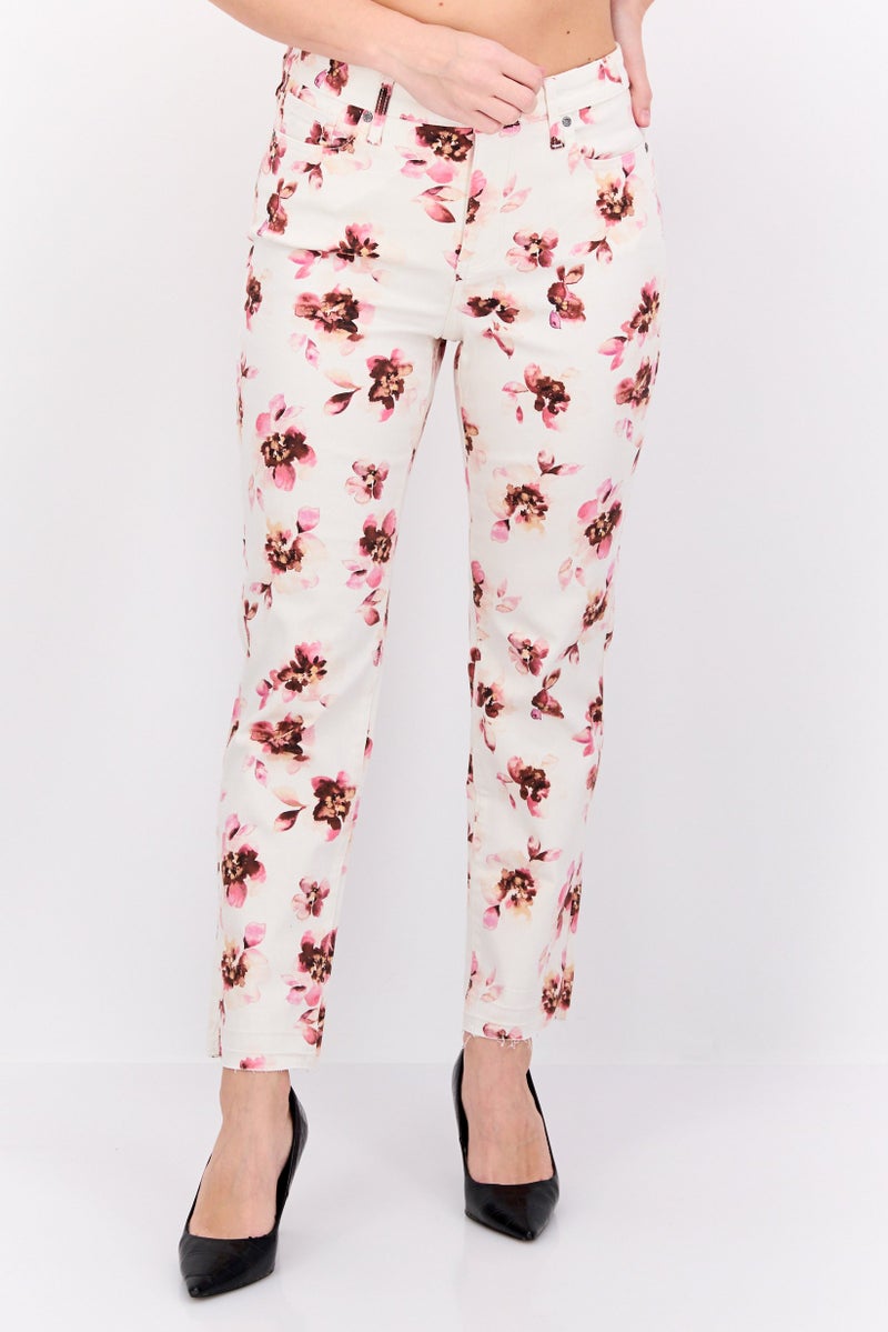 NYDJ Women Floral Pattern Stretchable Slim Pants, Cream Combo  - Image 1