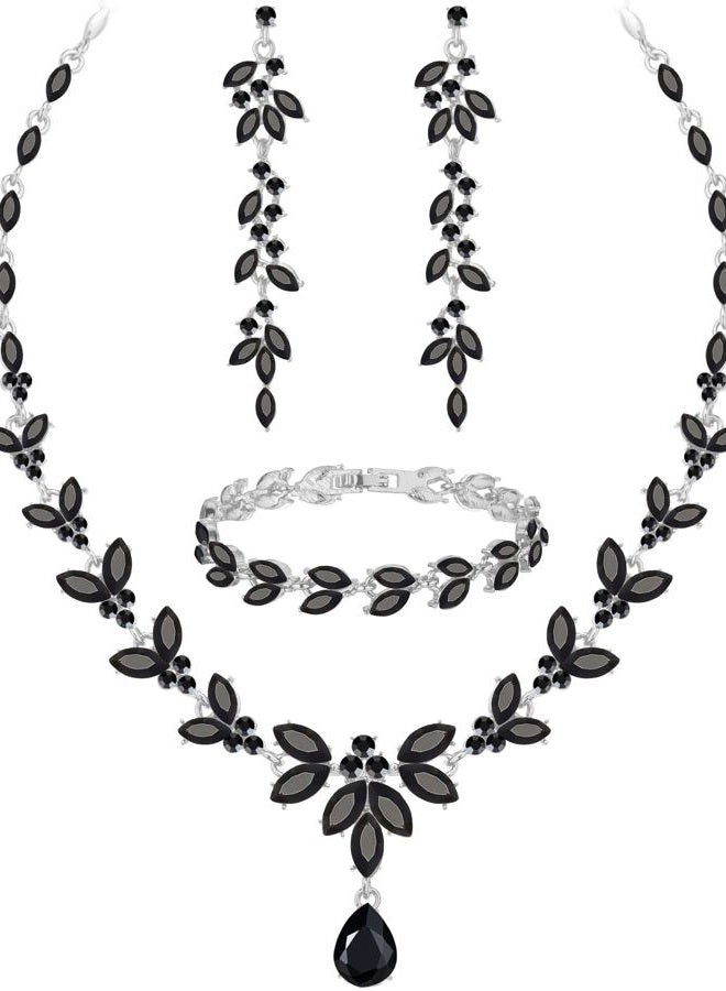 Paxuan Wedding Jewelry Sets for Bride Bridesmaid Bridal Jewelry Set for Women Wedding Crystal Necklace Earrings Bracelet Set for Party Prom Jewelry (Black - Silver) - Image 1