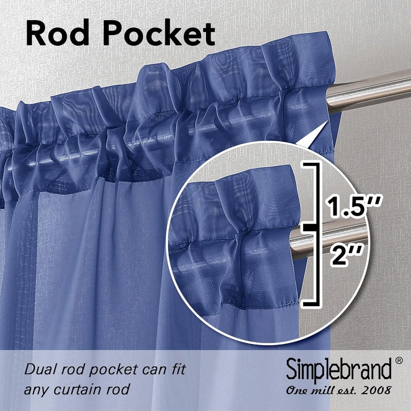 SimpleBrand Royal Blue Sheer Curtains 96 Inches Long 2 Panels, Light Filtering Rod Pocket Solid Color Window Sheer Curtain Panels, Elegant Curtains & Drapes for Living Room, Bedroom, 42" W x 96" L - Image 2