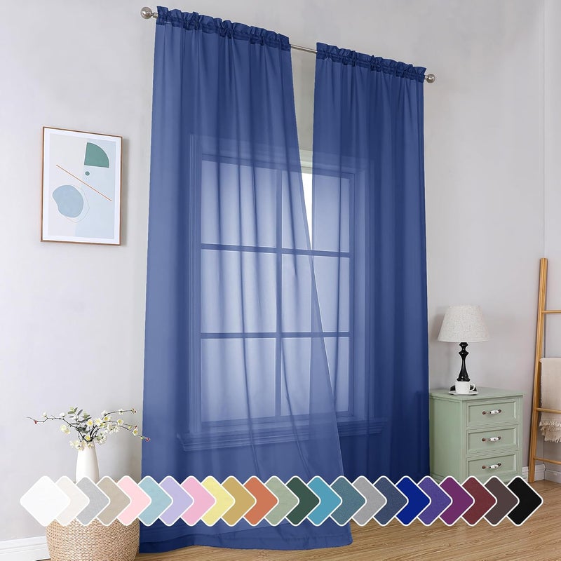 SimpleBrand Royal Blue Sheer Curtains 96 Inches Long 2 Panels, Light Filtering Rod Pocket Solid Color Window Sheer Curtain Panels, Elegant Curtains & Drapes for Living Room, Bedroom, 42" W x 96" L - Image 1