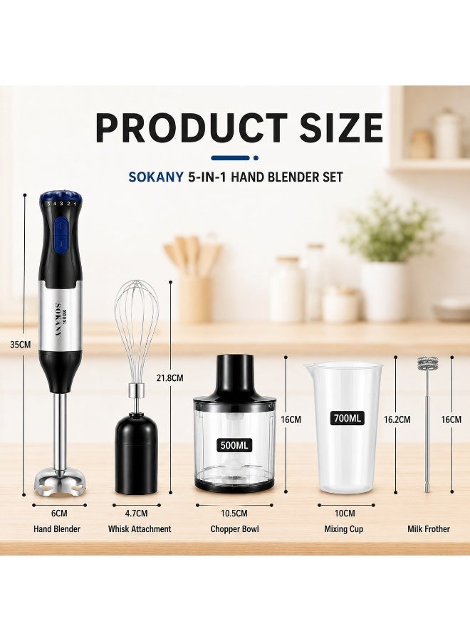 sokany 5 In 1 Hand Blender, Electric Mixer 1000W, Multipurpose Blender, Portable, 5 Speed Stainless Steel Blender With Chopper and Whisk, 700ML Mixing Cup and 500ML Meat Grinding Bowl - Image 5