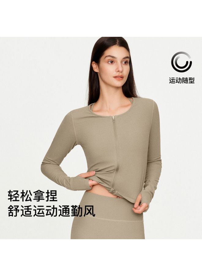 ubras Slim-Fit Solid Color Sports Long Sleeve Cardigan, Breathable Versatile Running Jacket Base Layer Women'S Top - Image 3