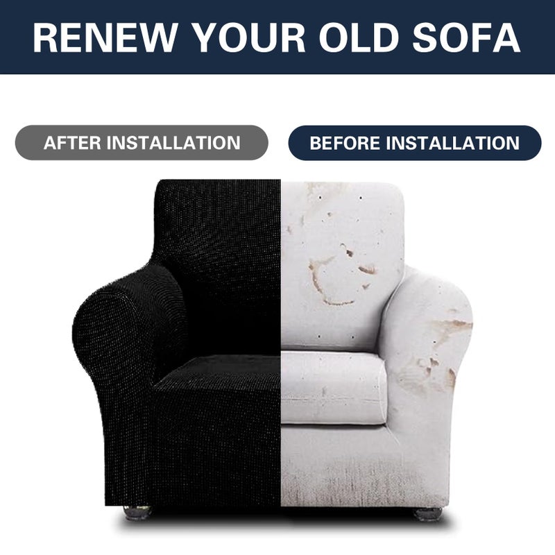 Cupuamon 2026 New Stretch Chair Sofa Slipcovers Couch Cover for 1 Seater Furniture Protector Sofa Covers with Elastic Bottom Jacquard Fabric Small Checks for Pets, Kids - Black - Image 5