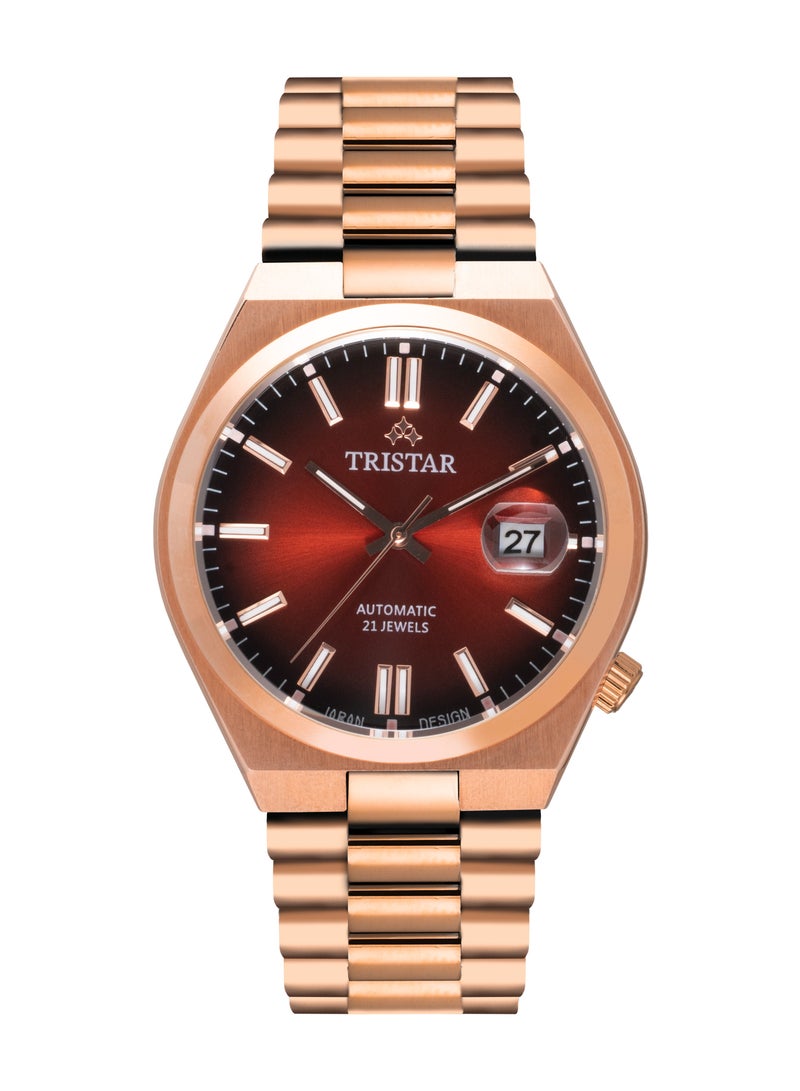 Tristar NJ Series Men's Automatic Watch Scarlet Red Index Dial Rose Gold Bracelet Wrist Watch for Men - Image 1