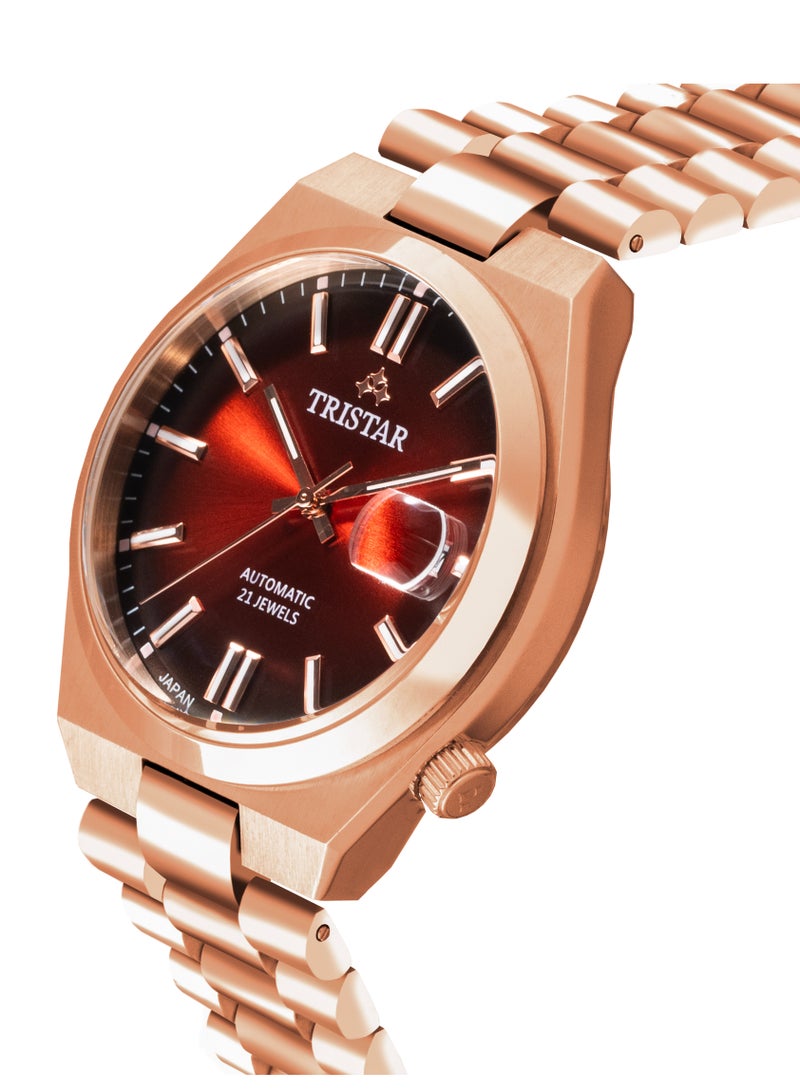 Tristar NJ Series Men's Automatic Watch Scarlet Red Index Dial Rose Gold Bracelet Wrist Watch for Men - Image 2