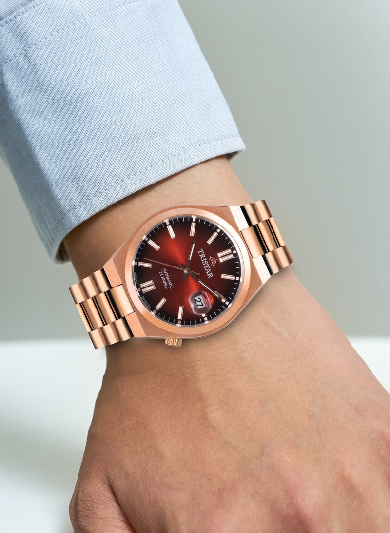 Tristar NJ Series Men's Automatic Watch Scarlet Red Index Dial Rose Gold Bracelet Wrist Watch for Men - Image 4