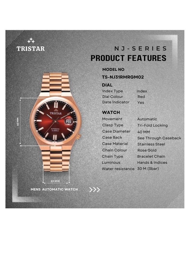 Tristar NJ Series Men's Automatic Watch Scarlet Red Index Dial Rose Gold Bracelet Wrist Watch for Men - Image 5