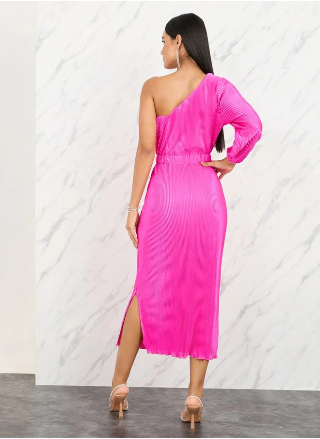 Styli Satin Pleated One Shoulder A-Line Midi Dress