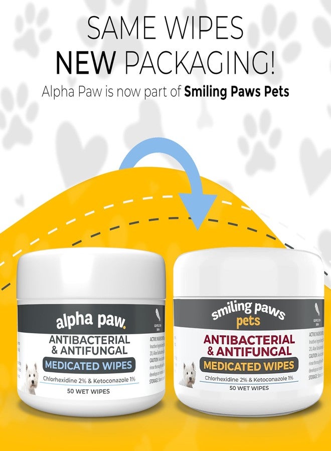 Smiling Paws Pets مناديل مبللة مضادة للبكتيريا والفطريات من سمايلينج باوز للحيوانات الأليفة - للكلاب والقطط - تحتوي على الكيتوكونازول والكلورهيكسيدين - علاج جلدي لعدوى الخميرة، والقوباء الحلقية، والتهاب الجلد القيحي، والبكتيريا والفطريات - 50 منديل (عبوتان) - Image 2