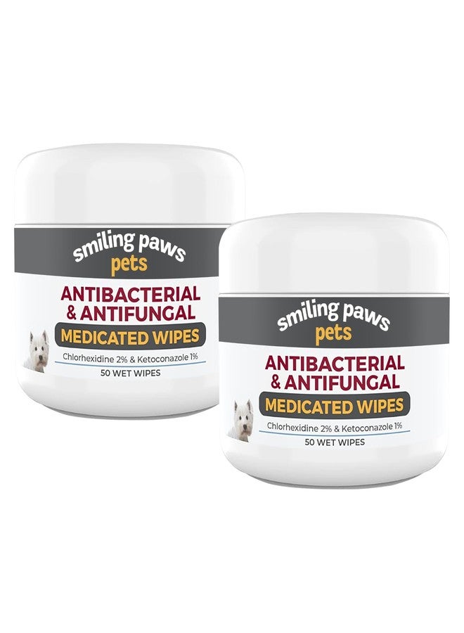 Smiling Paws Pets مناديل مبللة مضادة للبكتيريا والفطريات من سمايلينج باوز للحيوانات الأليفة - للكلاب والقطط - تحتوي على الكيتوكونازول والكلورهيكسيدين - علاج جلدي لعدوى الخميرة، والقوباء الحلقية، والتهاب الجلد القيحي، والبكتيريا والفطريات - 50 منديل (عبوتان) - Image 1