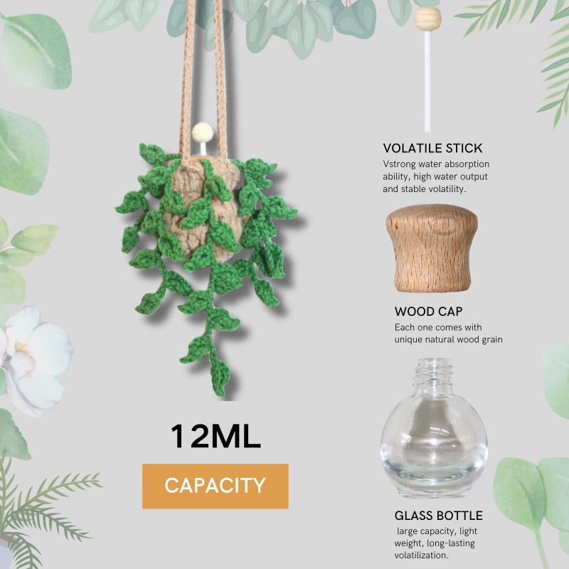 ROFIGL Handmade Crochet Hanging Car Air Freshener,12ml Empty Refillable Oil Diffuser Bottle with Crochet Hanging succulents Plant for Car Rearview Mirror for Home, and Office Hanging Diffuser Decor - Image 4