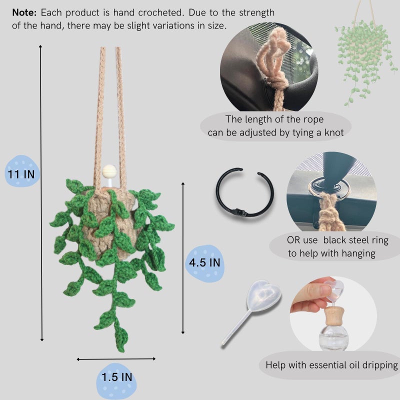 ROFIGL Handmade Crochet Hanging Car Air Freshener,12ml Empty Refillable Oil Diffuser Bottle with Crochet Hanging succulents Plant for Car Rearview Mirror for Home, and Office Hanging Diffuser Decor - Image 3