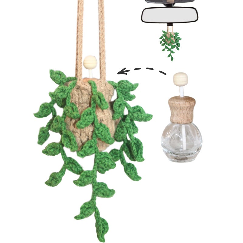 ROFIGL Handmade Crochet Hanging Car Air Freshener,12ml Empty Refillable Oil Diffuser Bottle with Crochet Hanging succulents Plant for Car Rearview Mirror for Home, and Office Hanging Diffuser Decor - Image 1