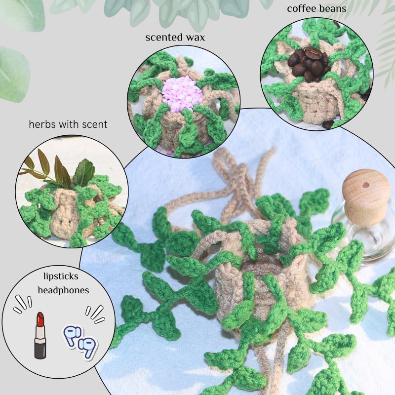 ROFIGL Handmade Crochet Hanging Car Air Freshener,12ml Empty Refillable Oil Diffuser Bottle with Crochet Hanging succulents Plant for Car Rearview Mirror for Home, and Office Hanging Diffuser Decor - Image 5