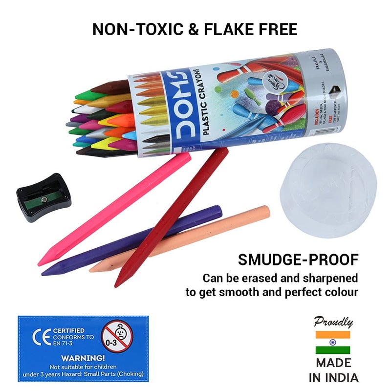 Doms 28 Shades Erasable Plastic Crayons Round Tin Box Smooth Even Shading Bright Playful Colors Free Sharpner Inside NonToxic Safe For Childrens Pack of 2