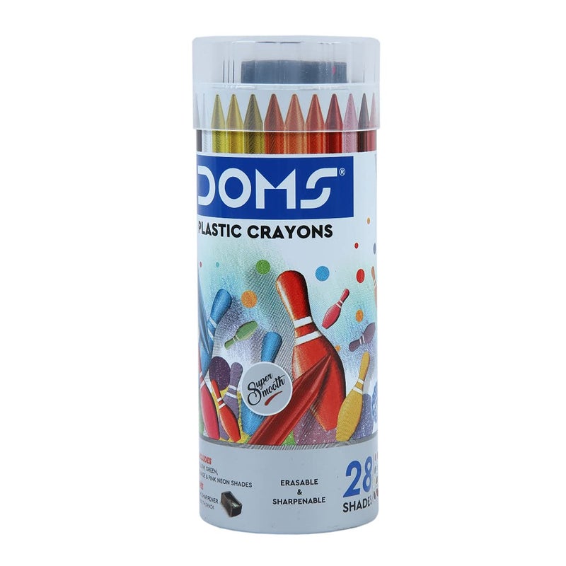 Doms 28 Shades Erasable Plastic Crayons Round Tin Box Smooth Even Shading Bright Playful Colors Free Sharpner Inside NonToxic Safe For Childrens Pack of 2