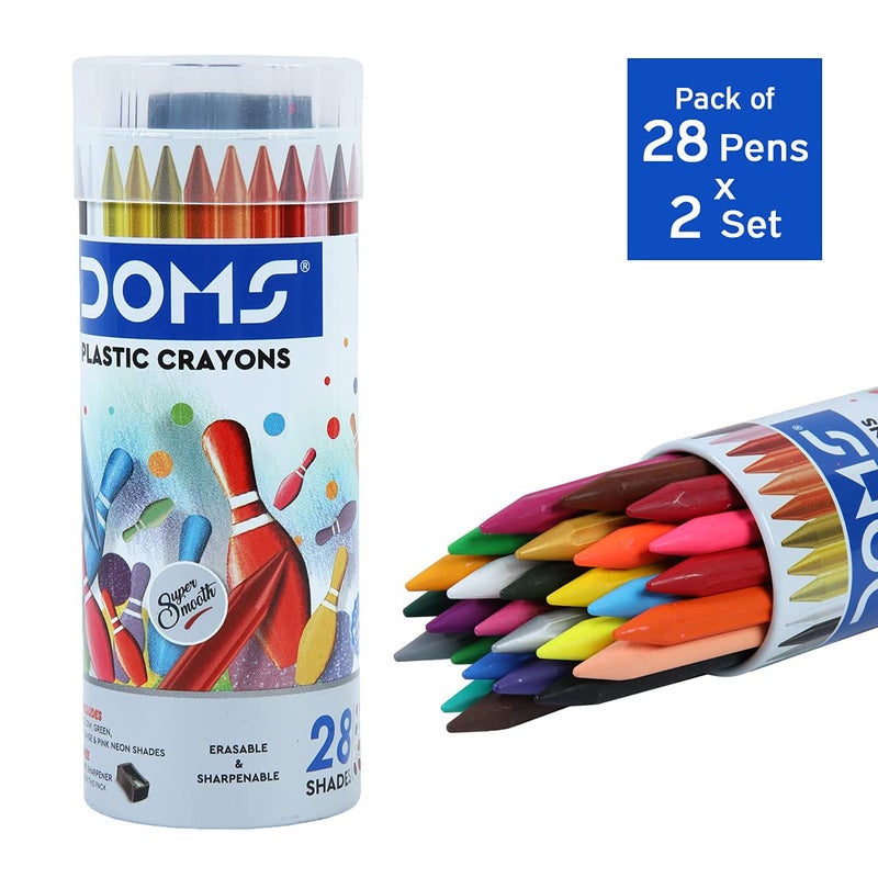 Doms 28 Shades Erasable Plastic Crayons Round Tin Box Smooth Even Shading Bright Playful Colors Free Sharpner Inside NonToxic Safe For Childrens Pack of 2