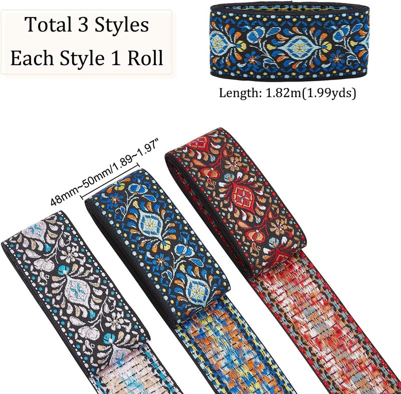 klarako 3 Styles Vintage Embroidered Jacquard Ribbon, 6 Yards 2 Inch Floral Embroidered Sewing Lace Trim Boho Woven Trim Fringe Fabric Bias Tape for DIY Sewing Crafting Home Decor Wedding Gift Wrapping - Image 2