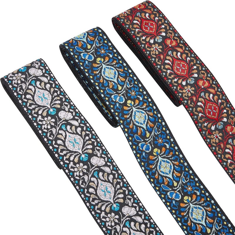 klarako 3 Styles Vintage Embroidered Jacquard Ribbon, 6 Yards 2 Inch Floral Embroidered Sewing Lace Trim Boho Woven Trim Fringe Fabric Bias Tape for DIY Sewing Crafting Home Decor Wedding Gift Wrapping - Image 1