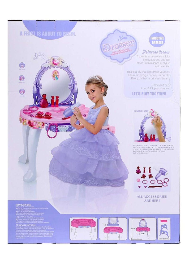 Toy Box Dressing Table Play Set Sensor Operating Toy Beauty Dresser Girl Princess Make up Toys Pretend Play Cosmetic Toy Dresser Set with Light, Music & Chair - Image 4