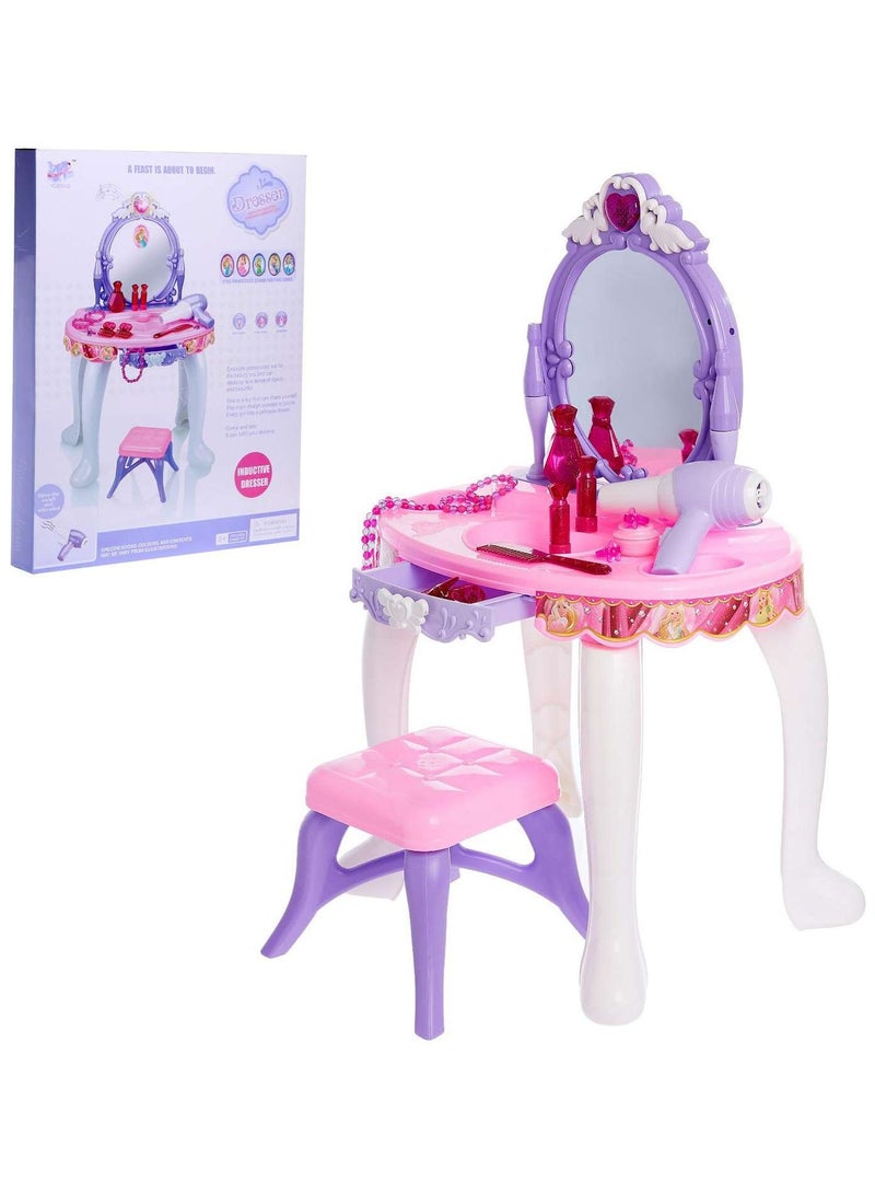 Toy Box Dressing Table Play Set Sensor Operating Toy Beauty Dresser Girl Princess Make up Toys Pretend Play Cosmetic Toy Dresser Set with Light, Music & Chair - Image 1